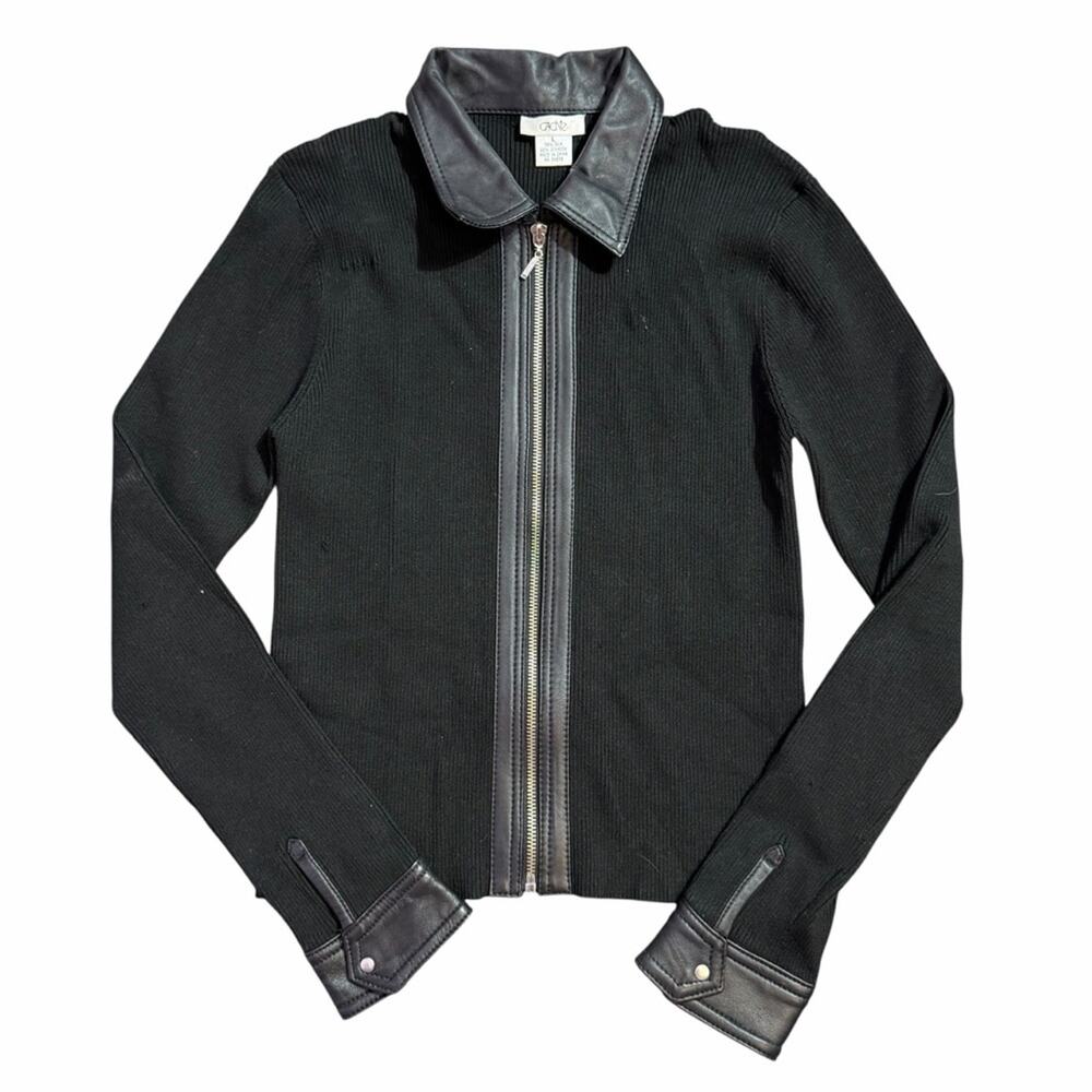 Vintage Y2K Cache Silk Blend Zip Up Sweater Faux Leather Trim Size Large